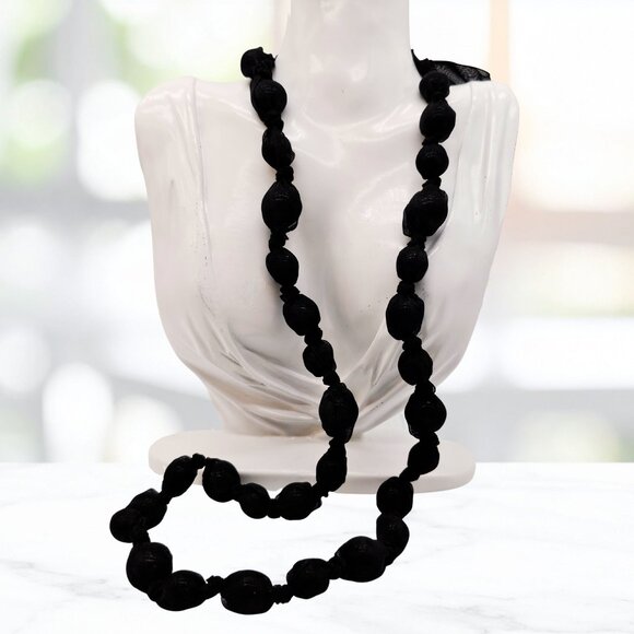 Black Netted Bead Necklace with Ribbon Tie Lightweight Statement Layering Piece - Picture 4 of 7